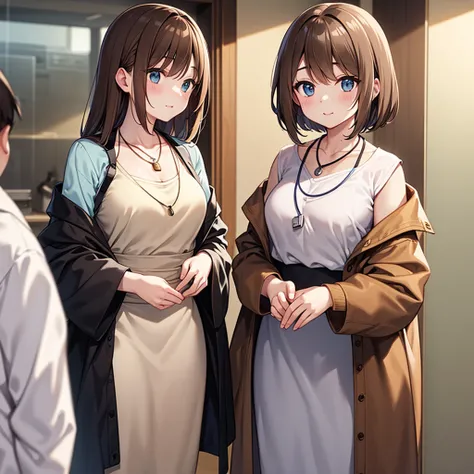 Young woman、 woman、Light brown hair、Wear a necklace around your neck、White、Doctor&#39;s clothing、Stethoscope、、Smile、Pay attention to your teeth、short hair、curls、Intricate details, Very detailed:1.2), 、 Looking at the camera,The background is the operating ...