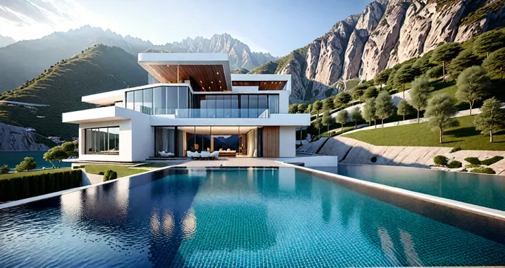 a home with a sense of futuristic technology，3-storey building，set against the mountains，facing the lake，huge swimming pool，mode...