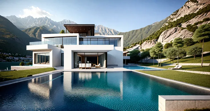 a home with a sense of futuristic technology，3-storey building，set against the mountains，facing the lake，huge swimming pool，mode...