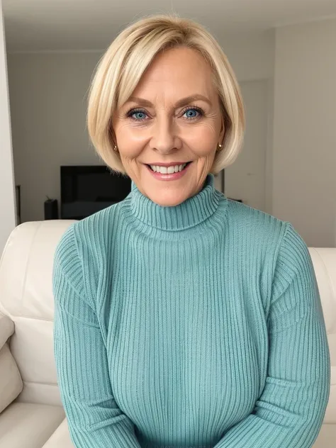 photo of a slutty horny blonde mature submissive wife with big bulging beautiful eyes, very short hair, She wears: (turtleneck high ribbed bright tight sweater:1.1), sexy old lady next door neighbour who wants me bad, excited and overjoyed 