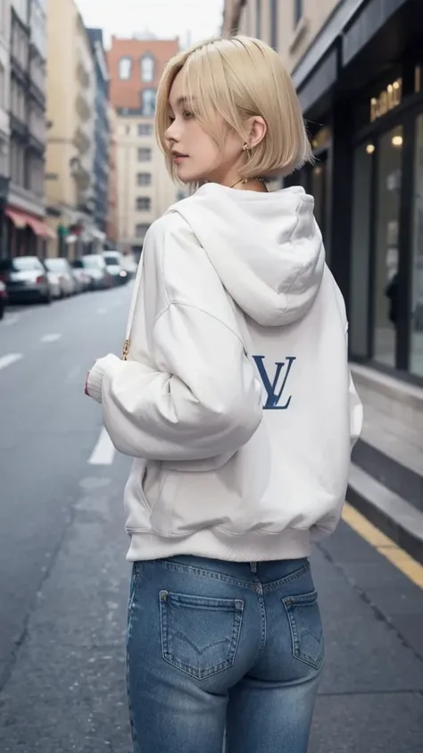 Blonde　Bob Hair　Small eyes　Thin lips　Wide jeans　White hoodie with YUKA written on it　Louis Vuitton Necklace　night　In town　round face　Back view