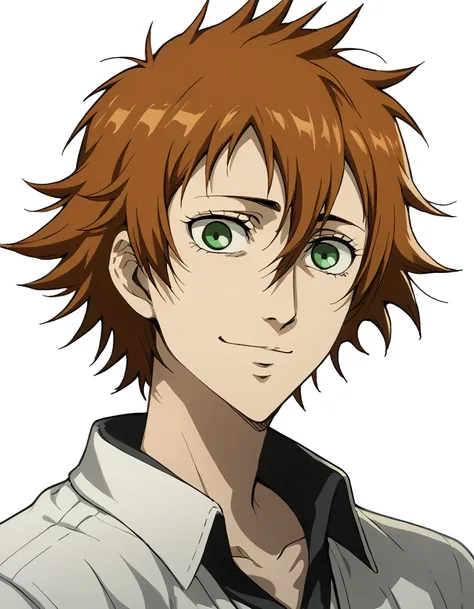 slim man, messy brown hair, green eyes, light smile,a drawing of, beautiful, 2d rendering, anime style, in the style of bleach m...