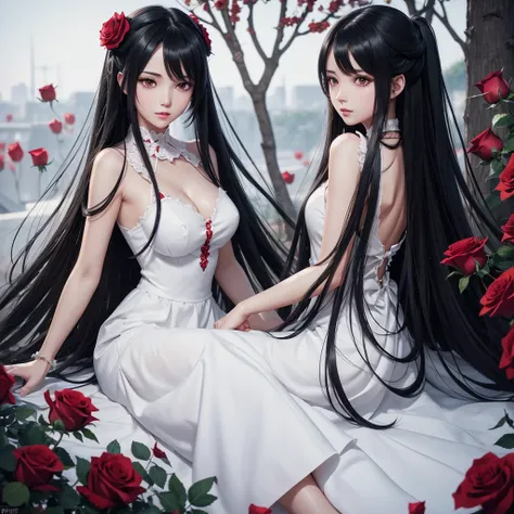 Anime girl with long black hair and white dress with red roses, Guvez, Guvez on pixiv artstation, Detailed digital anime art, beautiful anime girl, Guvez on artstation pixiv, anime style 4k, guys, beautiful anime pictures, Detailed picture of anime girl, b...