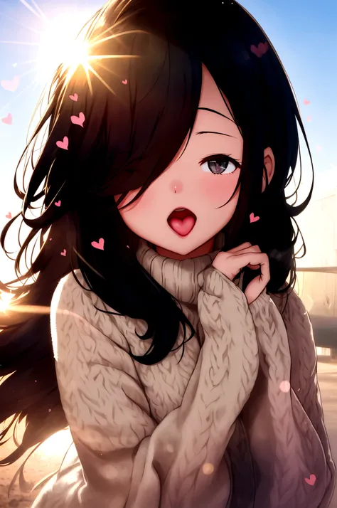 With a girl, Black Hair, Wear a cozy sweater, Upper Body, (LOL:1.1), (Open your mouth:1.1), (Eyes Wide Open:1.2), Sun glare, Bokeh, Depth of written boundary, Blurred Background, Light Particles, Strong winds, (Heart Particles:1.1), 4K