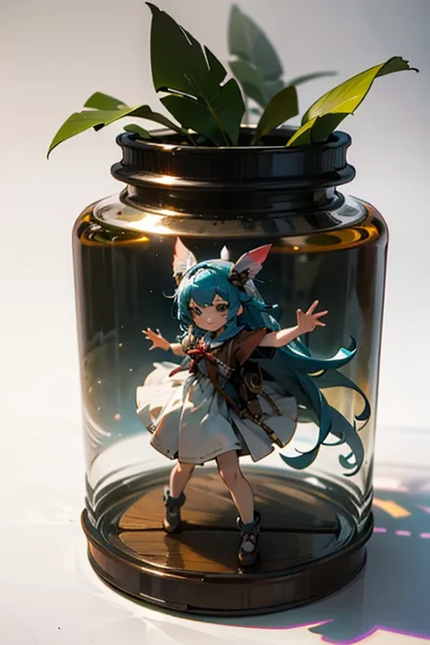 3d-illustration of a very cute girl figure in a jar, masterpiece((must)), palm-sized, cute, the face is dense((must))