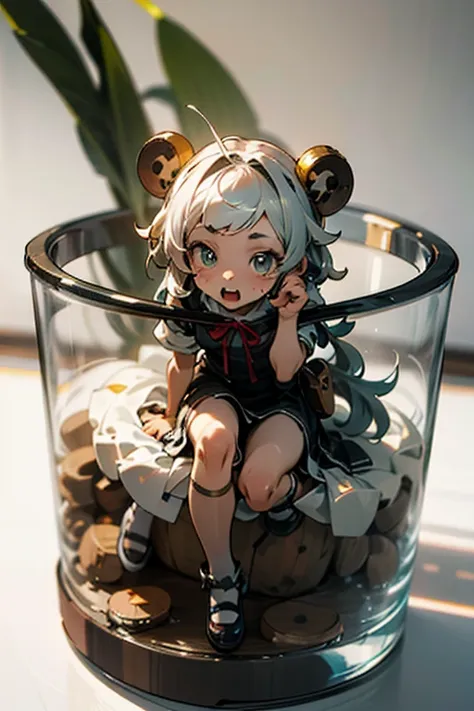 3d-illustration of a very cute girl figure in a jar, masterpiece((must)), palm-sized, cute, the face is dense((must))