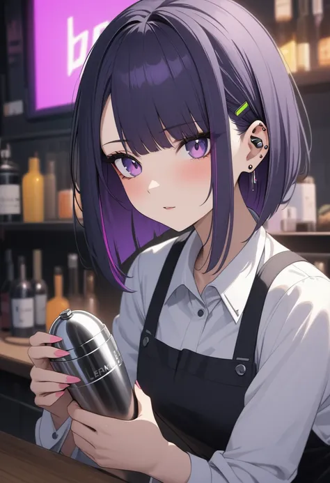 Adult Female, Black purple hair, slanted bob haircut, apathetic, perfect purple eyes cyberpunk bar, highly detailed, holding a bartender shaker, not looking, perfect ear piercings