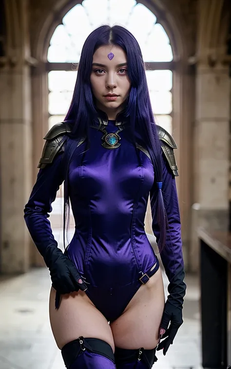 Mysterious woman with violet armor, red eyes and long blue hair 