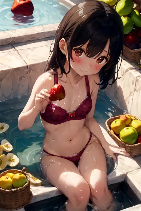 A girl in a cute bra with beef bowl and cute underwear with strawberry、Apples, oranges and bananas take a bath in abundance、Soak in the open-air bath、barefoot、There are lots of grapes and muscats around.