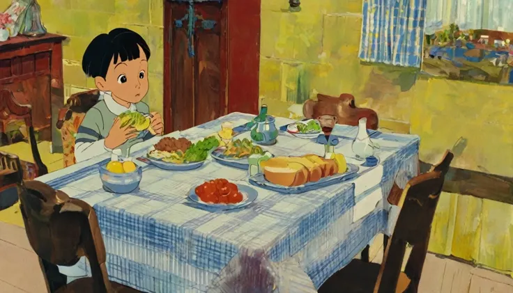 Scene in the living room，A boy is eating at the left side of the table