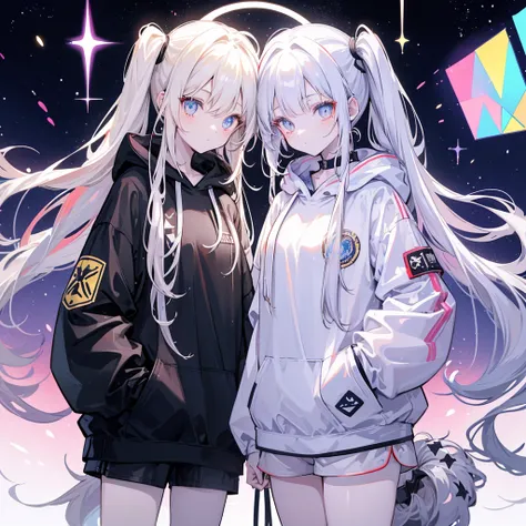 Two girls,
the first one has red eyes and beige hair in twin tails,
the second one has blue eyes and white hair in side tails,
they are both wearing sporty hoodies and shorts in monochrome, colorful on white background, glowing, stars, light, ephemeral,, m...