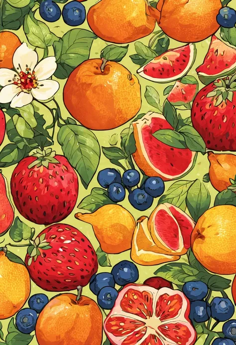 テーブルの上にはたくさんのfruitの絵があります, fruitと花, cute,full color illustrations, author：john wernershott, made of fruitと花, 花とfruitでできた, fruit,...