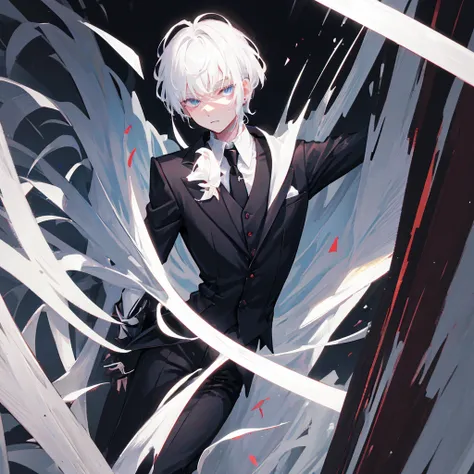 A white-haired boy，Shigeo，vampire，，Wearing a black suit，((Pure black background))