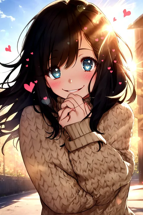 With a girl, Black Hair, Wear a cozy sweater, Upper Body, (LOL:1.1),smile, (Eyes Wide Open:1.2), Sun glare, Bokeh, Depth of written boundary, Blurred Background, Light Particles, Strong winds, (Heart Particles:1.1), 4K