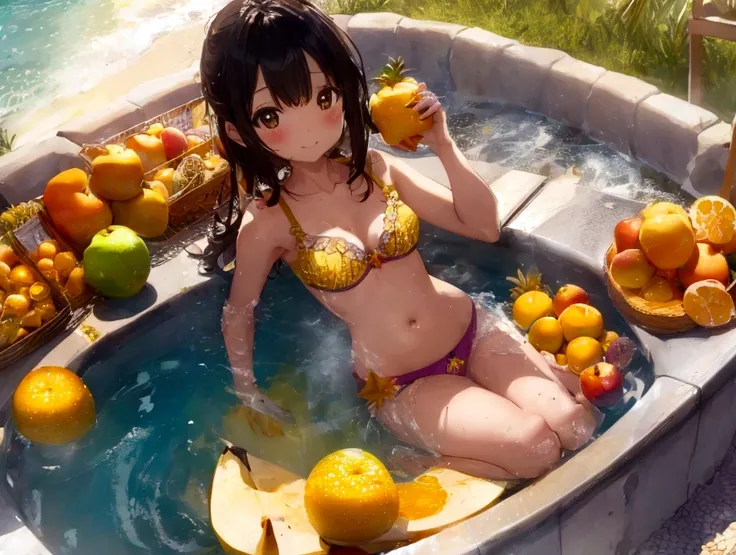 Pineapple cute bra and pineapple cute underwear girl、Apples, oranges and bananas take a bath in abundance、Soak in the open-air bath、barefoot、There are lots of grapes and muscats around.