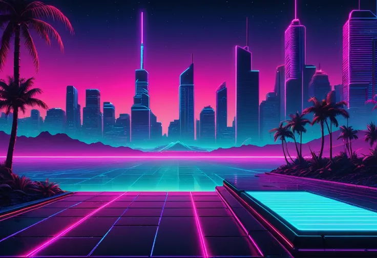 Create a realistic landscape background in a synthwave style from the 1980s. The scene should feature a neon grid, vibrant colors, and a detailed retro-futuristic cityscape in the background. Include realistic lighting and shadows to enhance the overall re...