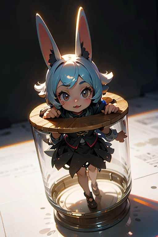 3D-illustration of a very cute girl figure in a jar, Masterpiece((must)), Palm-sized, cute, The face is dense((must))