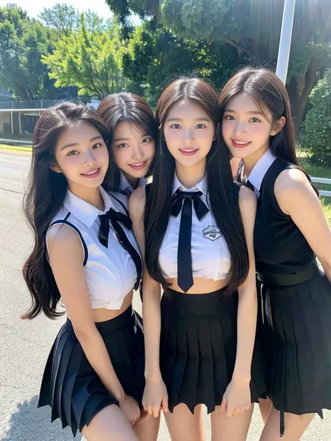 (a super cute korean high school girl takes a photo with two close friends from her class..2)(grin,smile)(beautiful sweat:1.1)(1...