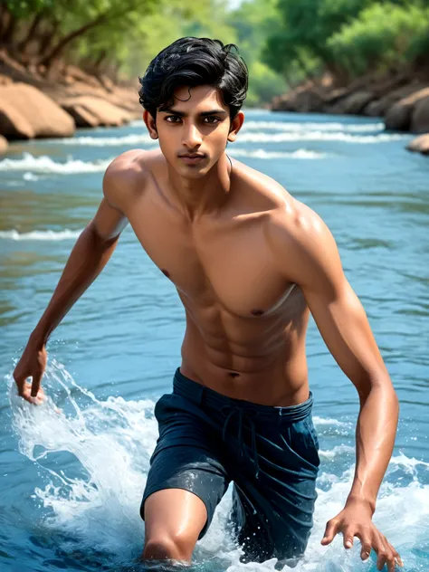 A 19 years old Indian bihari handsome man, white skin, black short hair, in river blue water, image fill, speed lines, motion blur, high quality, high details, 16k, 1080P, HD, textured skin