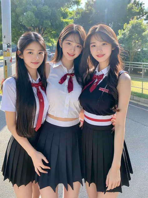 (a super cute korean high school girl takes a photo with two close friends from her class..2)(grin,smile)(beautiful sweat:1.1)(1...