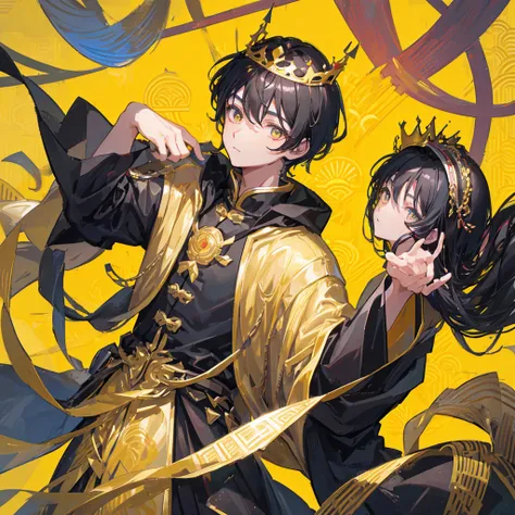 A black-haired boy，Chinese，Wear gorgeous clothes，emperor，Wearing a crown，((Pure yellow background))