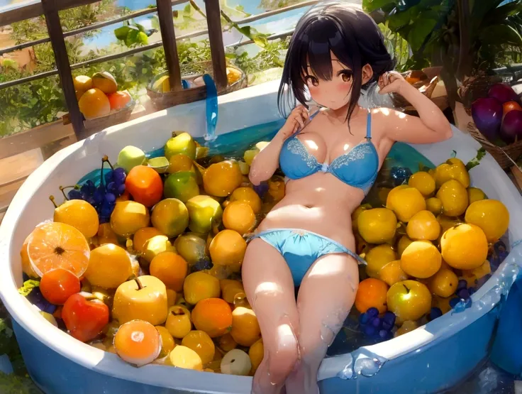 Cute girl in cute light blue half cup bra and cute light blue string underwear、Apples, oranges and bananas take a bath in abundance、Soak in the open-air bath、barefoot、There are lots of grapes and muscats around.