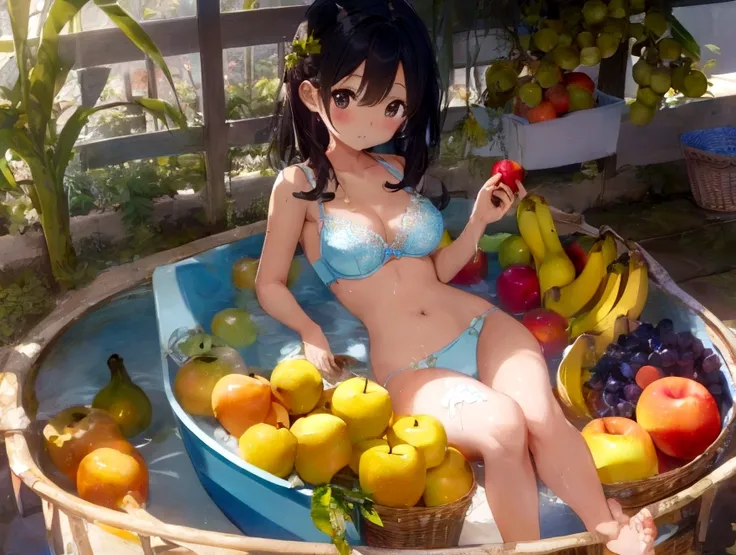 Cute girl in cute light blue half cup bra and cute light blue string underwear、Apples, oranges and bananas take a bath in abundance、Soak in the open-air bath、barefoot、There are lots of grapes and muscats around.