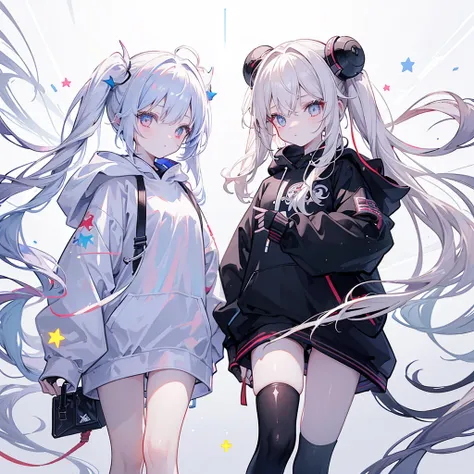 Two girls,
the first one has red eyes and beige hair in twin tails,
the second one has blue eyes and white hair in side tails,
they are both wearing sporty hoodies and shorts in monochrome, colorful on white background, glowing, stars, light, ephemeral,, m...