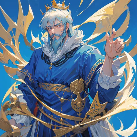 Medieval kings，A bearded man，Shigeo，Wearing a crown，((Solid blue background))