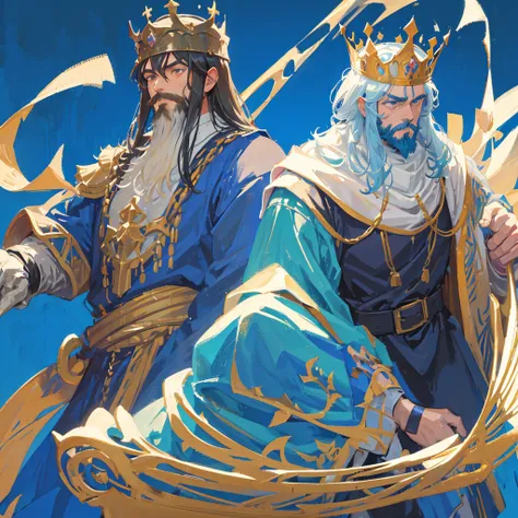 Medieval kings，A bearded man，Shigeo，Wearing a crown，((Solid blue background))