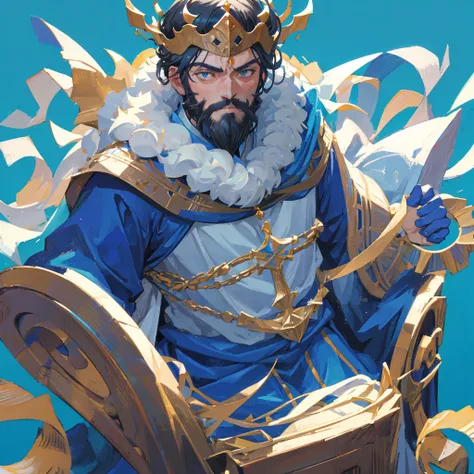 Medieval kings，A bearded man，Shigeo，Wearing a crown，((Solid blue background))