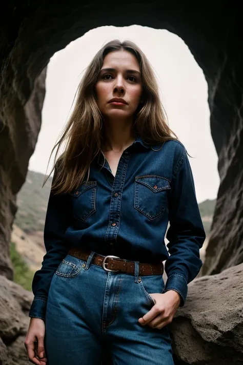 photograph of a woman, (troubled facial expression), textured skin, goosebumps, blonde afro hair, plaid flannel shirt with distressed boyfriend jeans, cowboy shot, dark and mysterious cave with unique rock formations and hidden wonders, perfect eyes, (cand...