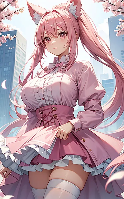 1 female, Pink Hair, Long double ponytail, Pink shirt, Fluffy collar, White fluffy skirt, White ribbon on hair, Lots of hair accessories, Tights，Huge breasts：1.8