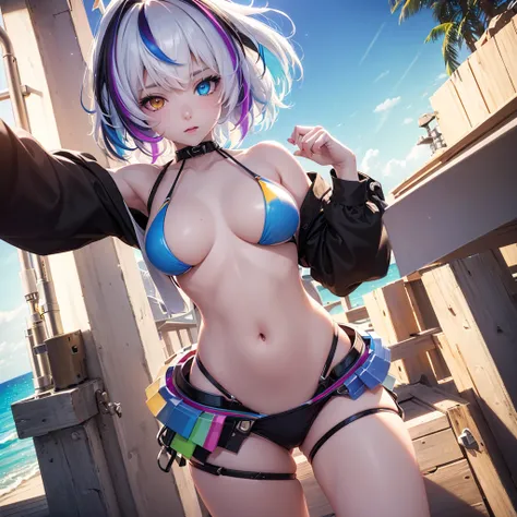 {{masterpiece}}, best quality, extremely detailed CG unity 8k wallpaper, cinematic lighting, lens flare, beautiful detail eyes, black,  side glance,  multicolor short white hair, colorful light, particles, heterochromia, (colorful:1.5), (colorful hair:1.5)...