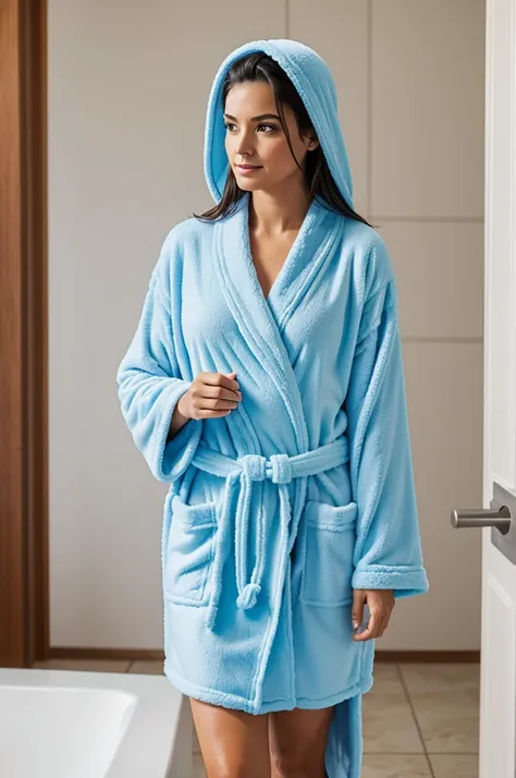 A woman in a long light blue bathrobe without pockets