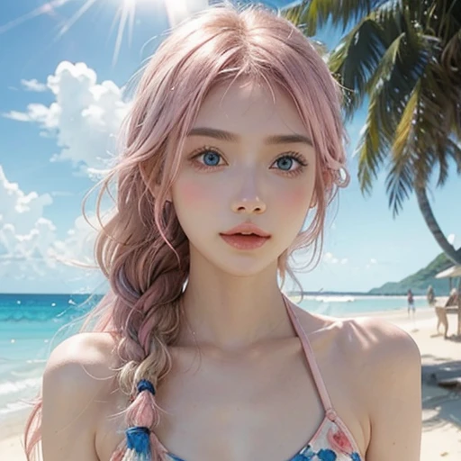 Light pink hair, blue eyes,  blue sky, Vibrant colors, Colorful floral swimsuit 、splash, Light Racing, Wavy long hair、splash、Light of the sun、Braiding、Sandy Beach, alone