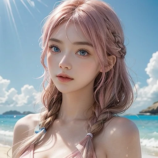 Light pink hair, blue eyes,  blue sky, Vibrant colors, Colorful floral swimsuit 、splash, Light Racing, Wavy long hair、splash、Light of the sun、Braiding、Sandy Beach, alone