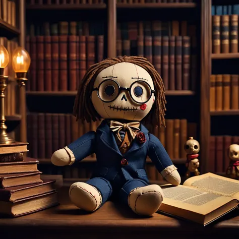 (knitted toy voodoo doll:1.6), (Voodoo Midnight Librarian:1.3), (Clothing old-fashioned librarian suit with glasses and shawl:1.0), (in the background a dark, mysterious library with endless shelves of old books:1.3), best quality, masterpiece, detailed so...