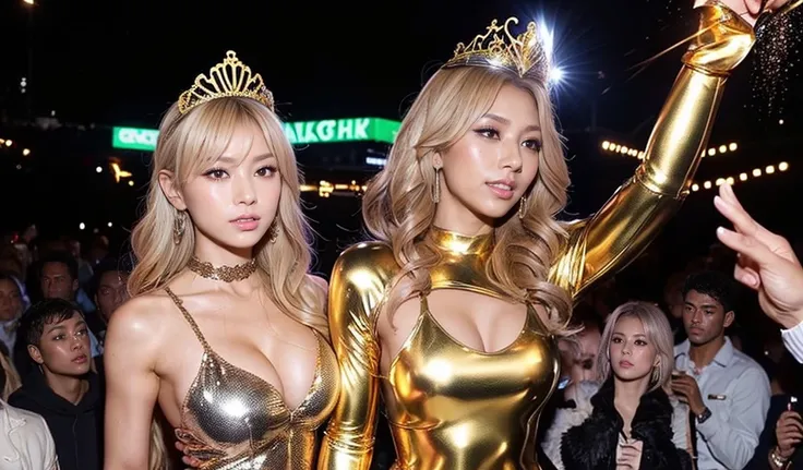 crowd, walking ancient gyaru, gyaru, dark-skinned, (shiny oiled skin:1.2), Greek warrior , blond hair, wearing metallic golden armor, wearing a beautiful tiara, and using witchcraft, walking hard, in the night club, crowd background