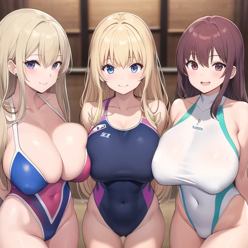 Super detailed、huge breast、,smile,five woman side by side、bare breast,Competition swimsuit suit pattern leotard