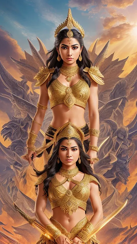 She stands as a fierce warrior goddess, her golden skin glowing with divine light. Her long, black hair flows freely, framing a face of intense determination. Her large, molten gold eyes blaze with controlled fury, brows furrowed, and lips slightly parted ...