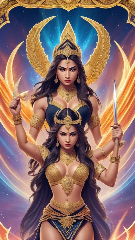 She stands as a fierce warrior goddess, her golden skin glowing with divine light. Her long, black hair flows freely, framing a face of intense determination. Her large, molten gold eyes blaze with controlled fury, brows furrowed, and lips slightly parted ...