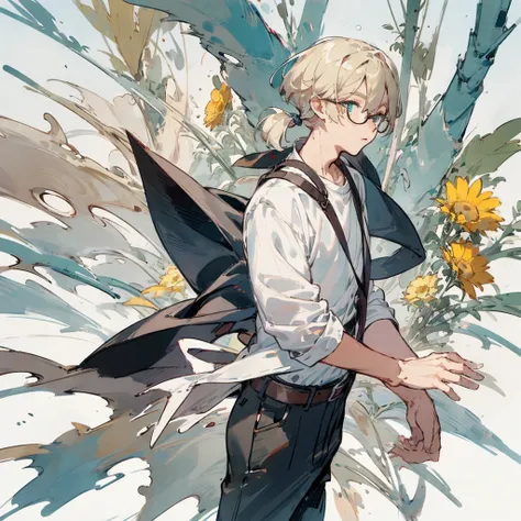 boy, blond, bob hairstyle, turquoise eyes, White shirt, black trousers, yellow round glasses, belted katana, harvest