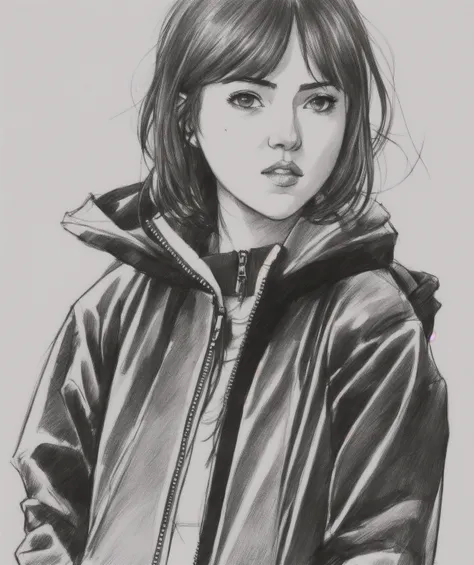 1girl, sketch artstyle, techwear jacket, grayscale, monochrome