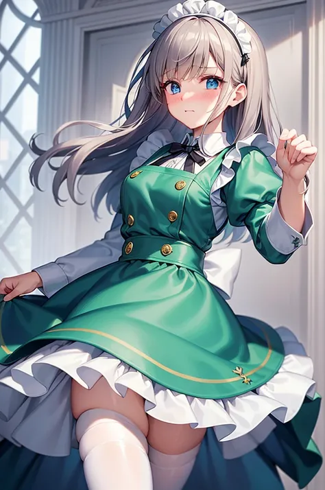 masterpiece, best quality,1girl, solo,whtie hair,medium hair,blue eyes,long sleeves,juliet sleeves,apron,maid,maid headdress,puffy sleeves,green dress,vest,buttons, white thighhighs,standing, looking at viewer, nose blush,