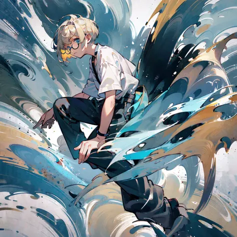 boy, blond, bob hairstyle, turquoise eyes, White shirt, black trousers, yellow round glasses, belted katana, boots on my feet