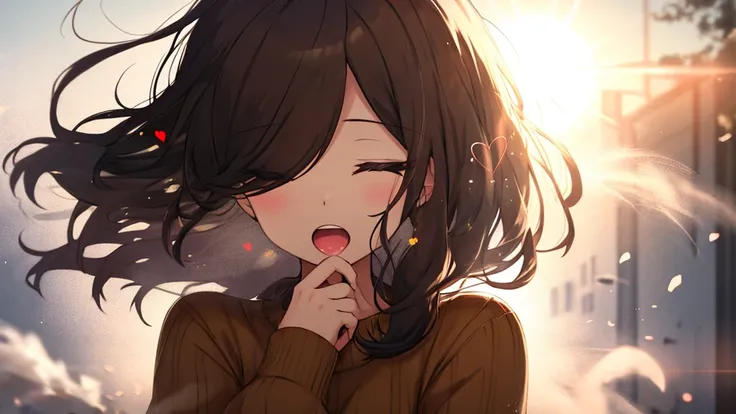 girl, Wear a cozy sweater, Upper Body, (LOL:1.1), (Open your mouth:1.1), (Eyes Wide Open:1.2), Sun glare, Bokeh, Depth of written boundary, Blurred Background, Particles of light, Strong winds, (Heart Particles:1.1)