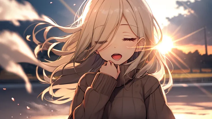 girl, Wear a cozy sweater, Upper Body, (LOL:1.1), (Open your mouth:1.1), (Eyes Wide Open:1.2), Sun glare, Bokeh, Depth of written boundary, Blurred Background, Particles of light, Strong winds, (Heart Particles:1.1)