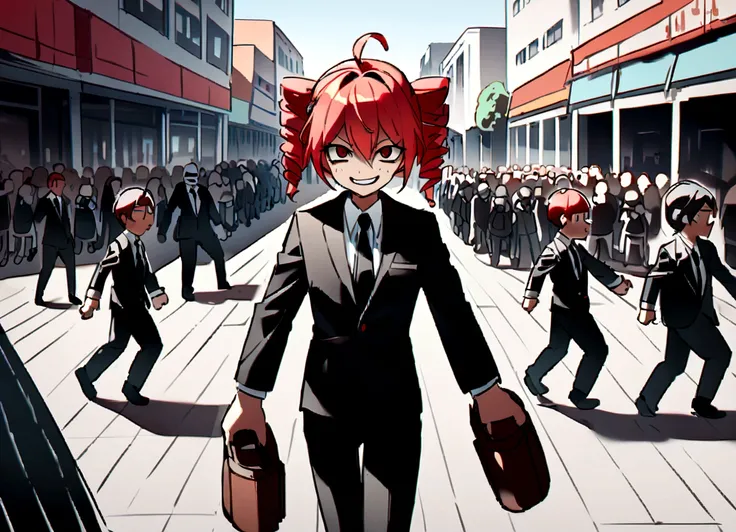 Red hair、Black suit、Black slacks、Wearing leather shoes、Have a hammer、Scary smile、In town、Daytime、a lot of people