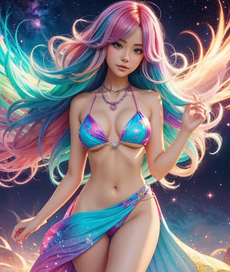 Close-up of a nacked woman with colorful hair and necklace, anime girl with cosmic hair, Rossdraws soft vibrancy, Gouviz-style artwork, fantasy art style, colorful], vibrant fantasy style, Rossdraws cartoon full of energy, cosmic and colorful, Guweiz, colo...